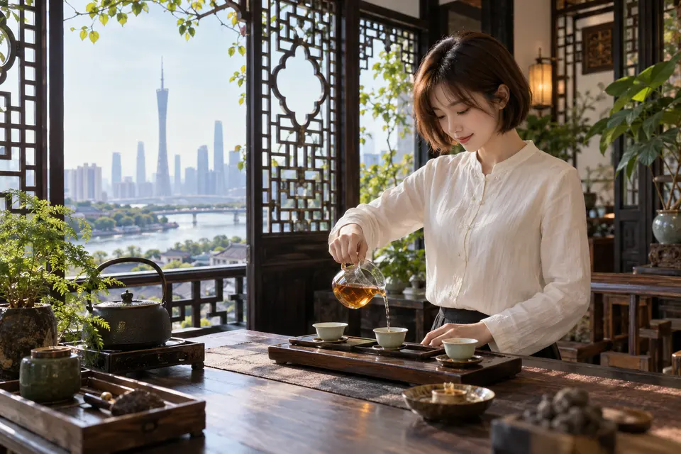岭南花窗旁的冲泡空间，公道杯分茶场景