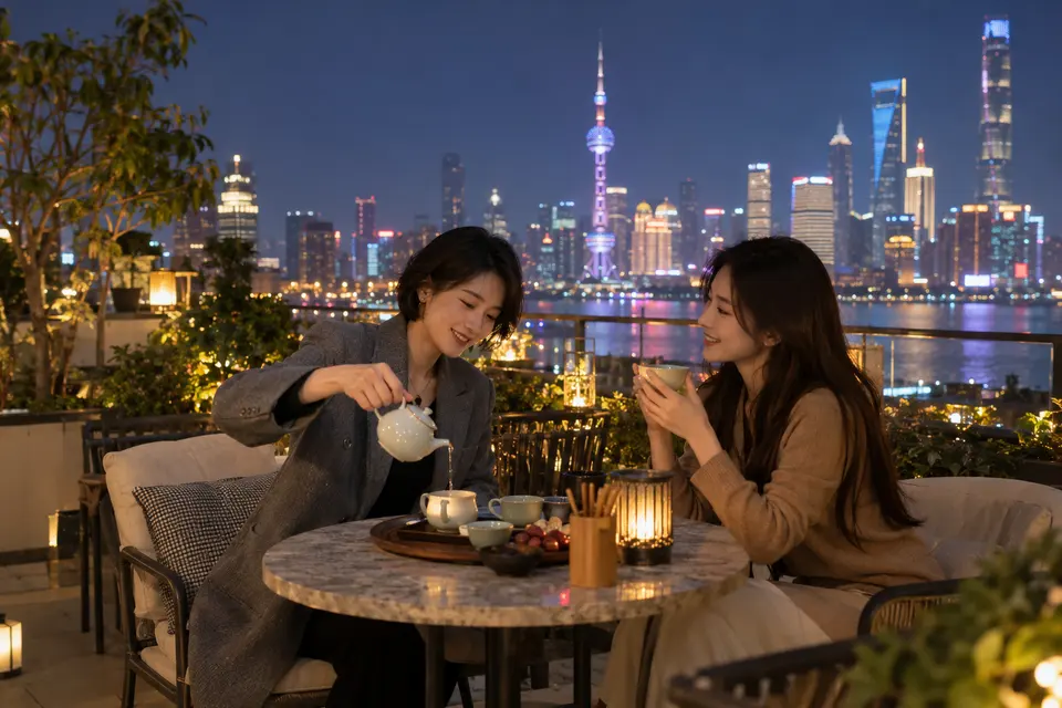 屋顶露台夜茶交流，朋友围坐倒茶