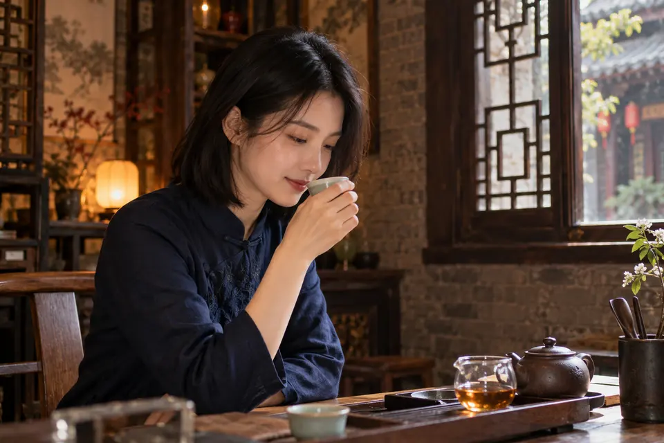 深色木作室内，陶杯闻香的品茶场景