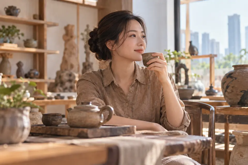 陶艺茶器工作室里的陶壶与茶杯陈列