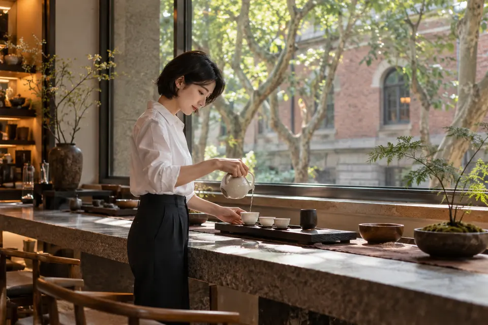 都市梧桐街区茶室内，白瓷茶具旁正在倒茶的品茶场景